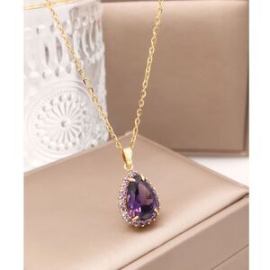 Teardrop Amethyst Purple Crystal Pendant Necklace Adjustble Gold Charm Gemstone